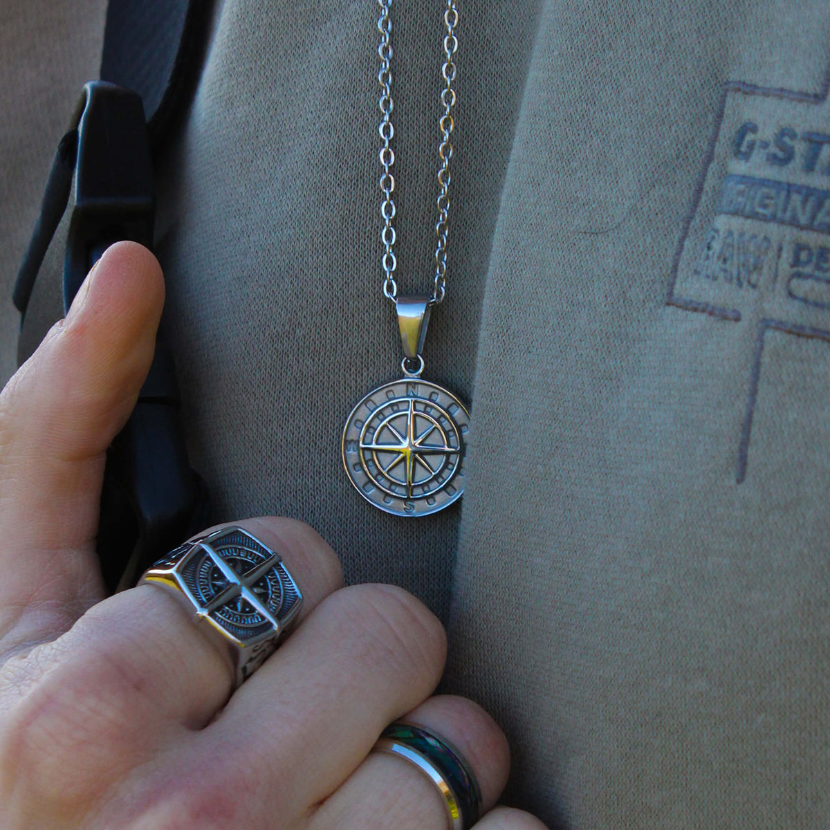 Men's Silver Compass Pendant Necklace