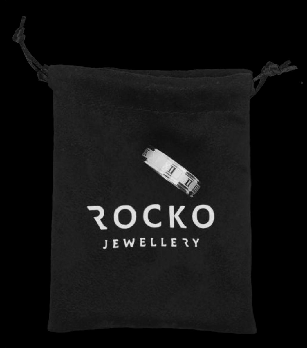 ring on Rocko Jewellery felt bag packaging 